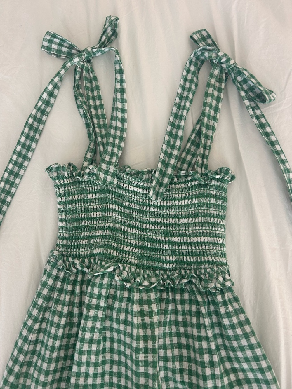 Reformation Dawson Dress - Green Gingham Smocked Tie-Shoulder Mini Dress - Picture 5 of 6